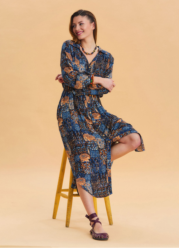Shirt Collar Belt Detailed Blue Bohemian Dress 4451